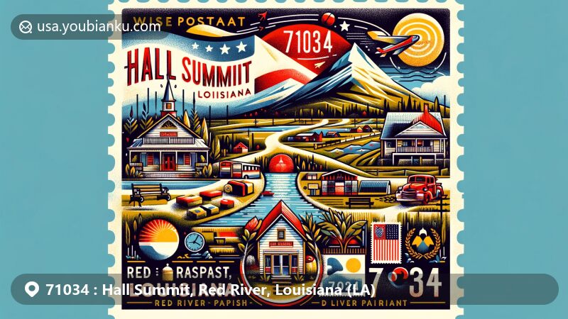Modern illustration of Hall Summit, Red River Parish, Louisiana, featuring vintage postcard style with ZIP code 71034, Louisiana state flag postage stamp, and local charm of tight-knit community and rural landscape.