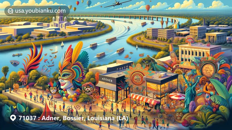 Colorful illustration of Mardi Gras Museum in Bossier Arts Council, showcasing vibrant carnival masks and festive decorations.