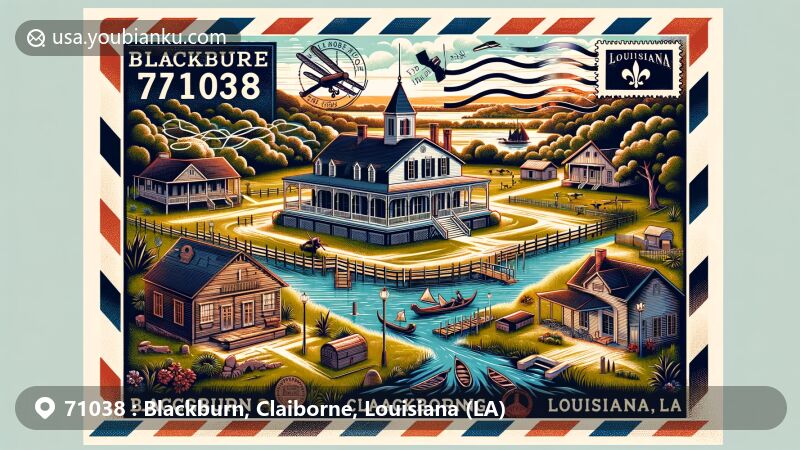 Modern illustration of Blackburn, Claiborne, Louisiana, showcasing historic sites like the Killgore House and Monk House, set within an air mail envelope theme with ZIP code 71038. It features local lakes, reservoirs, community life, and the Louisiana state flag.