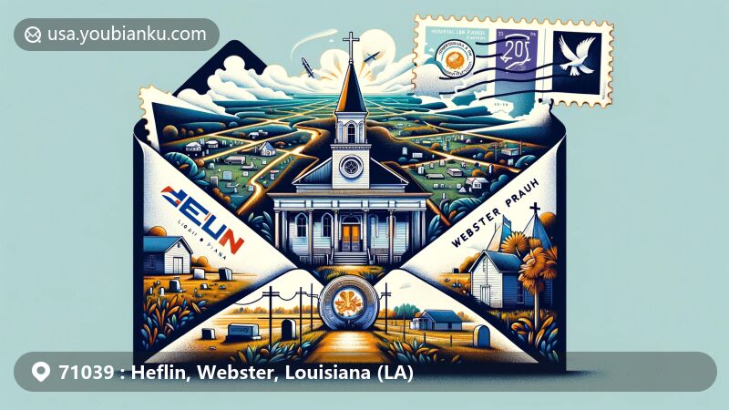 Modern illustration of Heflin, Webster, Louisiana, showcasing ZIP code 71039 with air mail envelope design and iconic symbols of Heflin and Webster Parish.