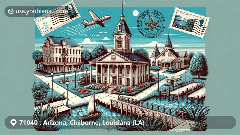 Modern illustration of Homer, Louisiana, featuring Claiborne Parish Courthouse, Herbert S. Ford Memorial Museum, and Lake Claiborne State Park, creatively integrated into an airmail envelope with ZIP code 71040.