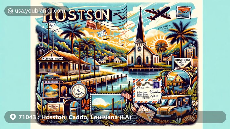 Modern illustration of Hosston, Louisiana, blending historical background, subtropical climate, and landmarks like Hosston Methodist Church and Black Bayou Lake, in a vibrant postal-themed frame with heritage symbols.
