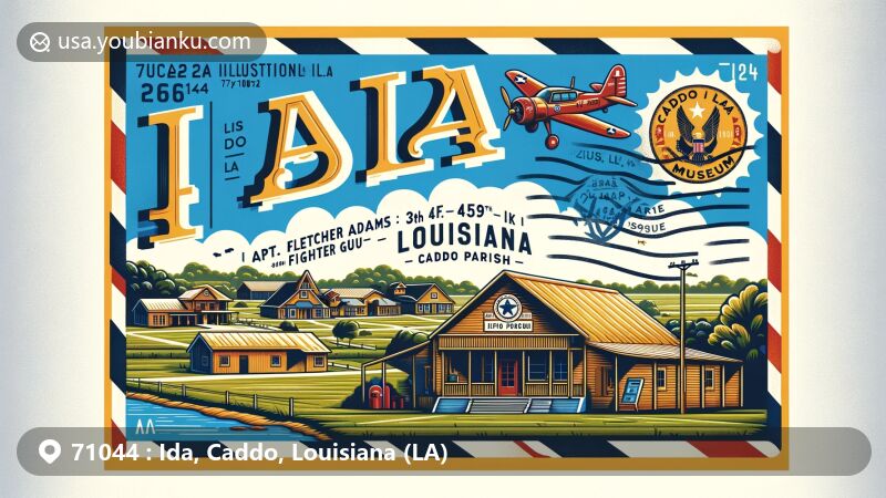 Modern illustration of Ida, Louisiana, highlighting Capt. Fletcher E. Adams 357th Fighter Group Museum in Caddo Parish, with air mail envelope frame and postal stamp, capturing local history and natural beauty.