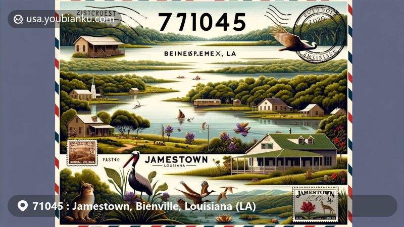 Modern illustration of Jamestown, Bienville Parish, Louisiana, featuring scenic Kepler Creek Lake and rural village life, integrated with postal elements like vintage stamps of state bird Brown Pelican and state flower Magnolia, showcasing ZIP code 71045 and Jamestown, LA postmark.
