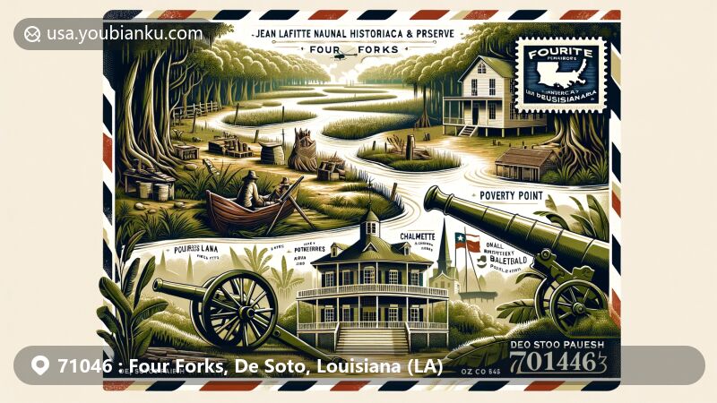 Modern illustration of Four Forks, De Soto Parish, Louisiana, showcasing natural and historical landmarks with Mississippi River, Jean Lafitte National Park, Poverty Point, Chalmette Battlefield, and Oak Alley Plantation.