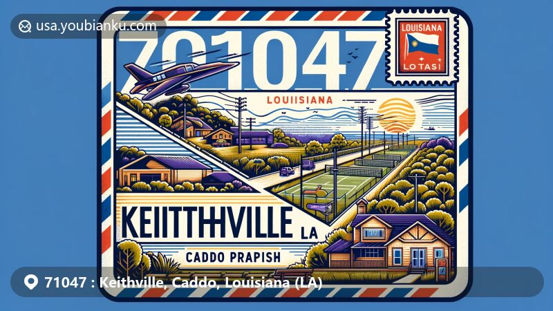 Modern illustration of Keithville, Caddo Parish, Louisiana, in ZIP code 71047, resembling an air mail envelope with Louisiana state flag stamp, showcasing Eddie D. Jones Park and Keithville Community Park.