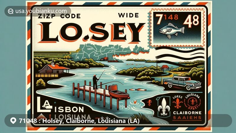 Modern illustration of Holsey, Claiborne Parish, Louisiana, featuring ZIP code 71048, showcasing regional and postal elements with a map of Claiborne Parish, Louisiana state flag, and Lake Claiborne State Park.