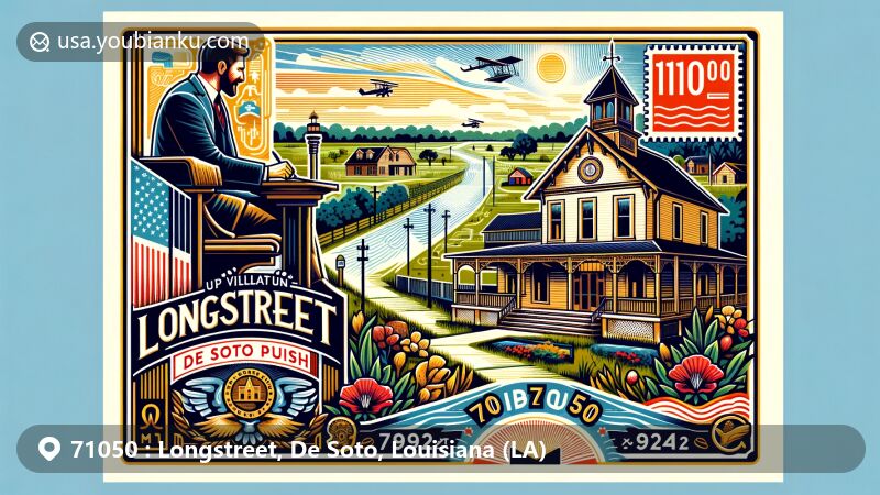 Modern illustration of Longstreet, De Soto Parish, Louisiana, depicting ZIP code 71050 with postcard design featuring Longstreet Town Hall and local flora, vintage postage stamp, and postal mark.