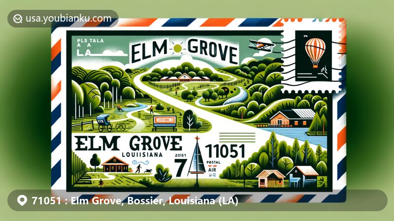 Modern illustration of Elm Grove, Bossier County, Louisiana, highlighting ZIP code 71051 with a postal theme, showcasing lush landscapes, hiking trails, biking paths, and community spirit.
