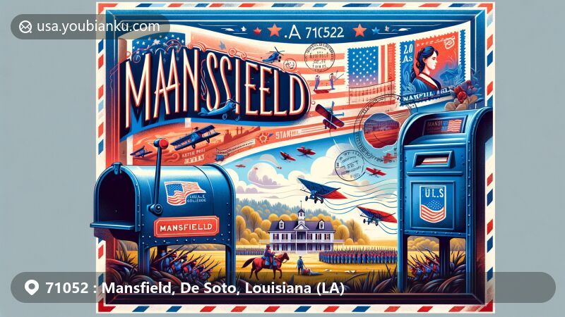 Vibrant illustration of Mansfield, De Soto Parish, Louisiana, reflecting ZIP code 71052, showcasing Mansfield Battlepark with Civil War re-enactments, featuring airmail envelope with Mansfield, LA 71052, stamp of Mansfield Female College Museum, postmarks, and American mailbox with U.S. flag decal.