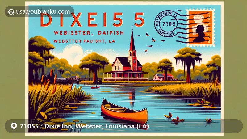 Modern illustration of Dixie Inn, Webster Parish, Louisiana, featuring Bayou Dorcheat with a canoe, Antioch Baptist Church, and lush Louisiana landscape. Postcard-style design includes postal elements and vintage stamp with ZIP code 71055.