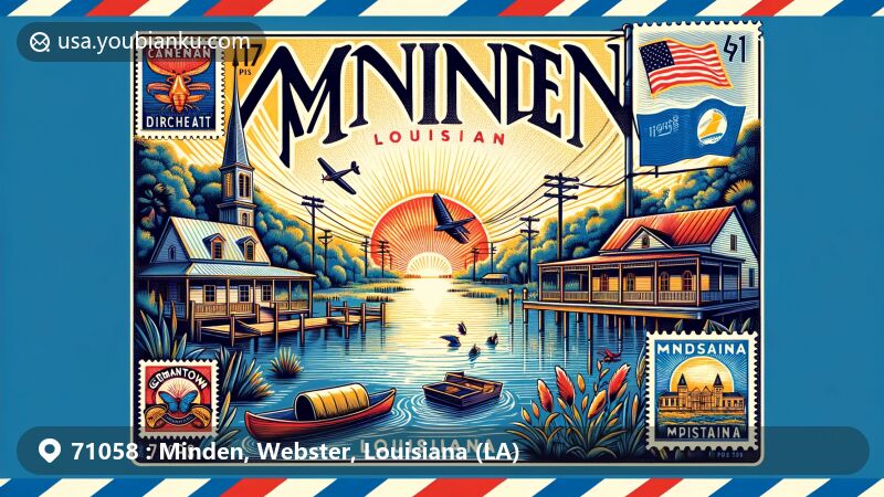 Unique illustration of Minden, Louisiana, combining regional features with postal themes, featuring Caney Lakes, Bayou Dorcheat, Germantown Colony Museum, and Dorcheat Historical Association Museum.