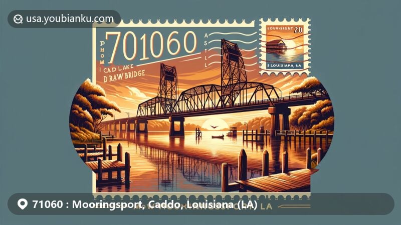Serene illustration of Historic Caddo Lake Drawbridge in Mooringsport, Louisiana, at sunset, with postal postcard design showcasing '71060 Mooringsport, LA' and stamp symbolizing Louisiana's heritage.
