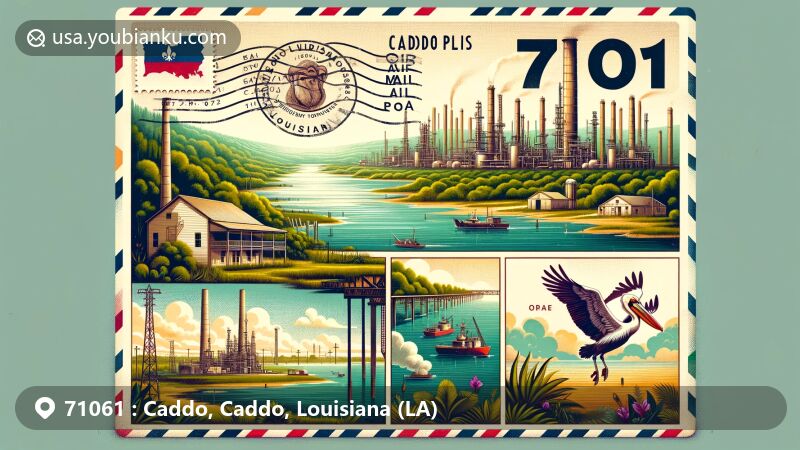 Modern illustration of Oil City, Caddo Parish, Louisiana, featuring postcard design with ZIP code 71061, showcasing lush landscapes, oil industry infrastructure, and Louisiana state symbols.