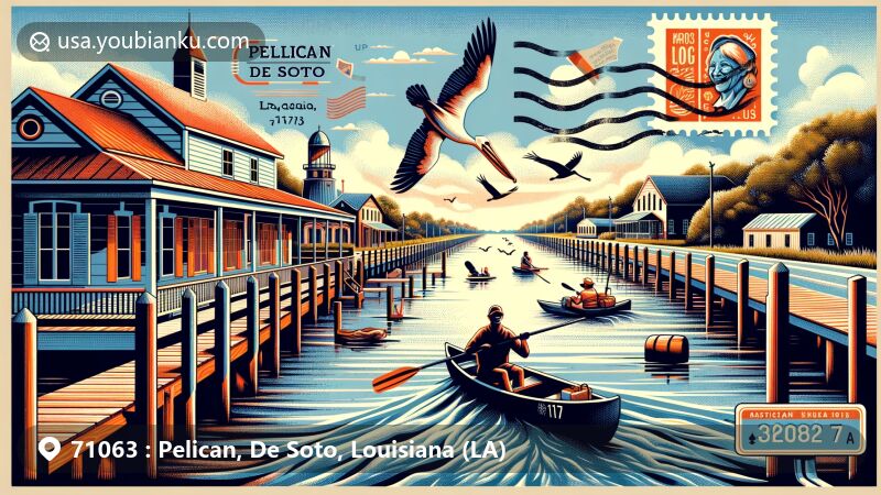 Modern illustration of Pelican, De Soto County, Louisiana, featuring postal theme with ZIP code 71063, showcasing outdoor activities like kayaking, fishing, and biking, alongside historic buildings and scenic landscapes.