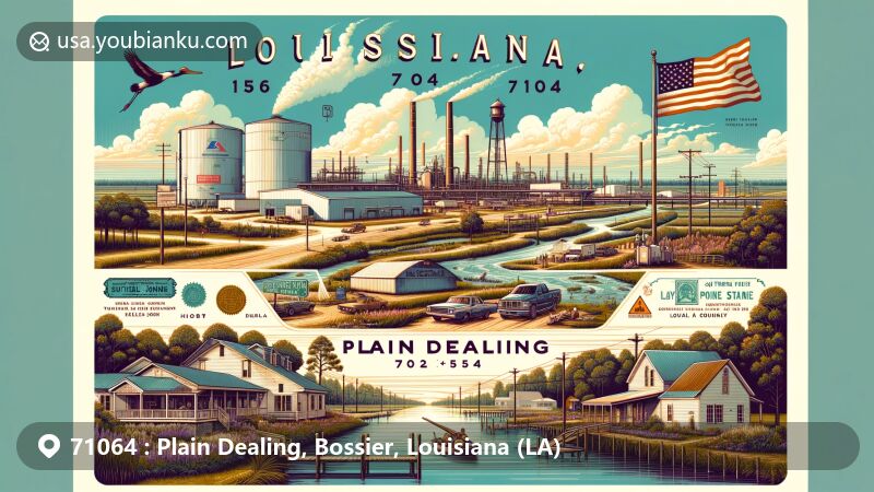 Modern illustration of Plain Dealing, Louisiana, with ZIP code 71064, Bossier Parish, highlighting town's rural charm, key landmarks like post office and Cypress Bayou, economic growth with Teal Jones Group's lumber plant, and Louisiana state symbols.