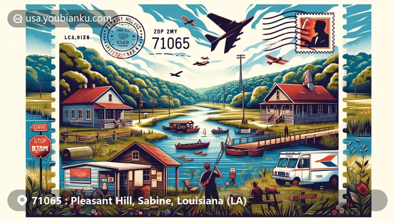 Modern illustration of Pleasant Hill, Louisiana, showcasing postal theme with ZIP code 71065, featuring local small businesses and outdoor activities like fishing, hiking, and camping in state parks.
