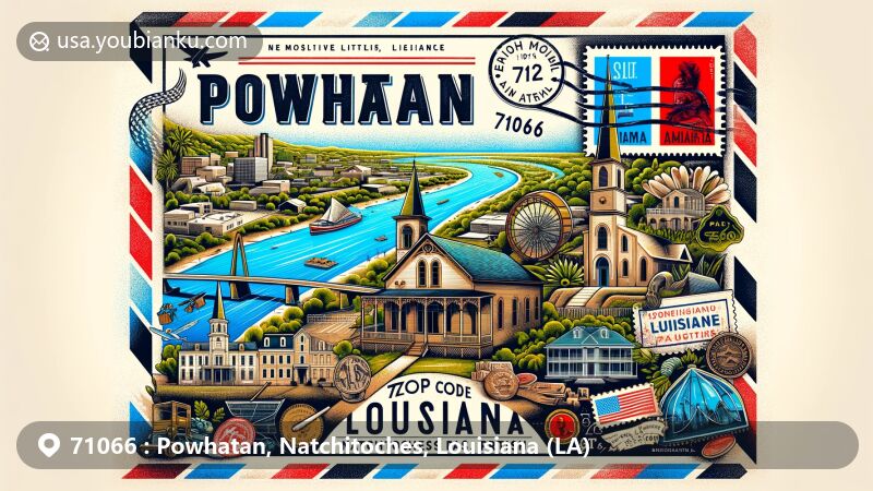 Modern illustration of Powhatan, Natchitoches Parish, Louisiana, showcasing postal theme with ZIP code 71066, featuring Red River location, American Cemetery, The Minor Basilica Of The Immaculate Conception, Natchitoches National Historic Landmark District, and Louisiana state flag.