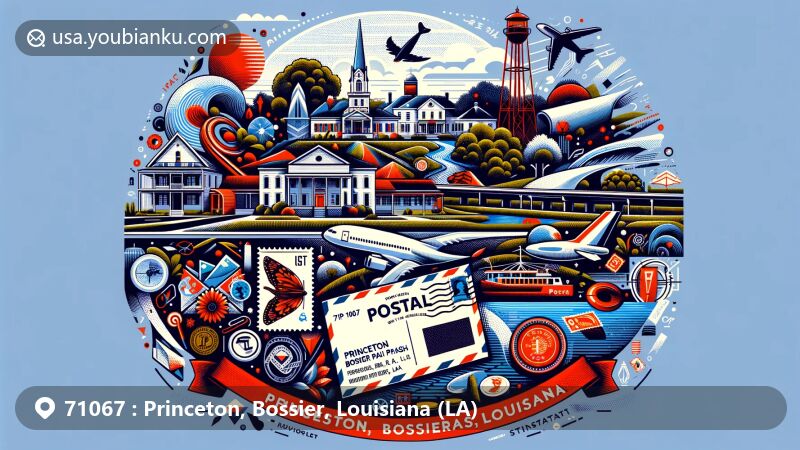 Modern illustration of Princeton in Bossier Parish, Louisiana, featuring postal theme with ZIP Code 71067, incorporating postcard, air mail envelope, stamps, and postmark, hinting at Shreveport-Bossier City connection.