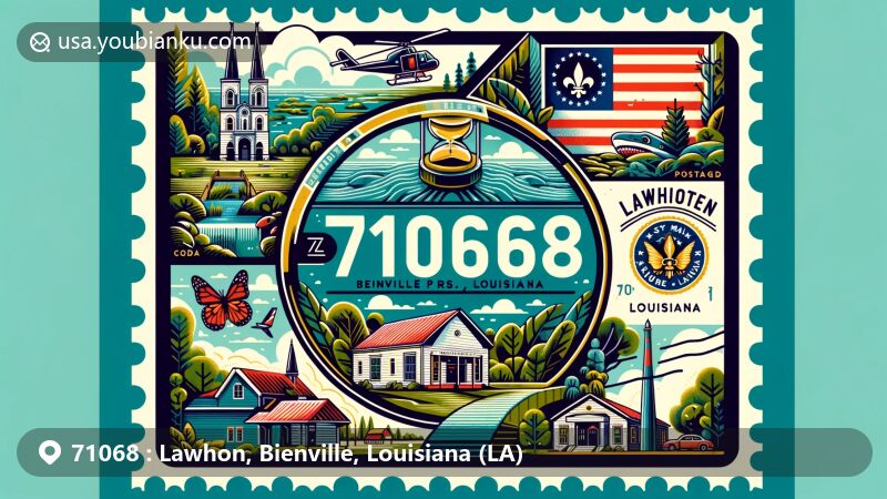 Modern illustration of Lawhon, Bienville Parish, Louisiana, with ZIP code 71068, showcasing state symbols, lush landscapes, and postal theme in a creative web-friendly style.