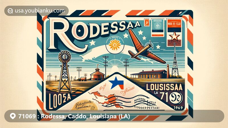 Modern illustration of Rodessa, Caddo Parish, Louisiana, featuring vintage airmail envelope highlighting postal code 71069. Includes Rodessa Oil Field marker, Louisiana map outline, state flag postage stamp, and Rodessa postmark.