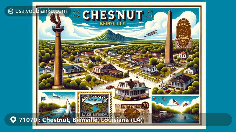 Modern illustration of Chestnut, Bienville, Louisiana, showcasing ZIP code 71070 with aerial view of quaint community, Driskill Mountain, Bonnie and Clyde historical marker, postal elements, and Lake Bistineau State Park.