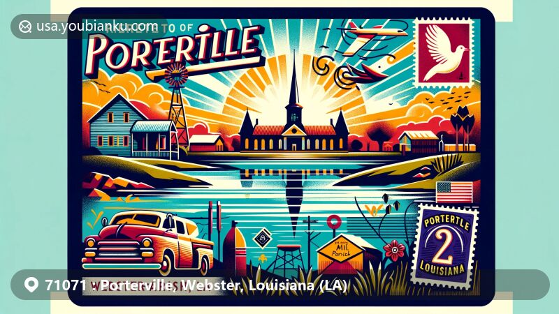 Modern illustration of Porterville, Webster Parish, Louisiana, featuring vibrant postcard design with iconic state symbols and scenic view of the rural community.