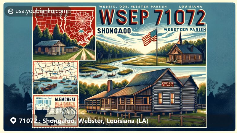 Modern illustration of Shongaloo, Webster Parish, Louisiana, featuring restored log cabin, Dorcheat Bayou, Mt. Paran Baptist Church memorial, and classic Louisiana landscapes.