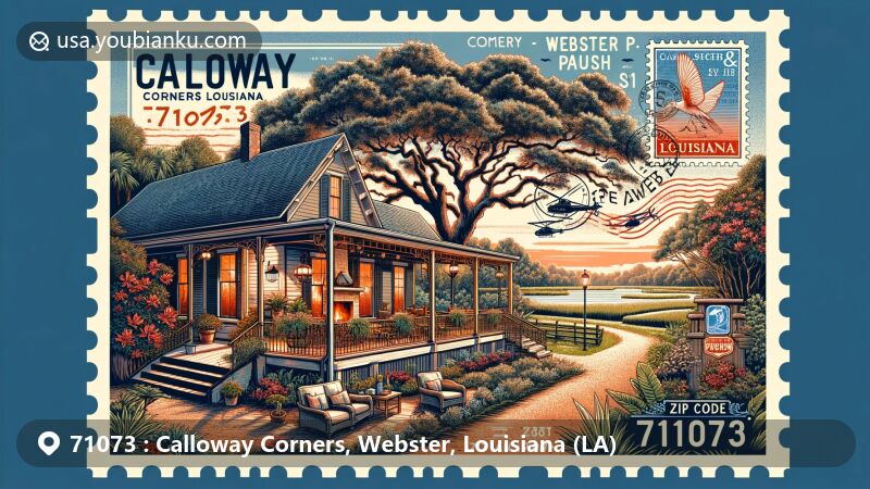 Illustration of Calloway Corners area in ZIP code 71073, Webster Parish, Louisiana, featuring charming bed and breakfast, iconic oak and magnolia trees, and Mississippi River background.