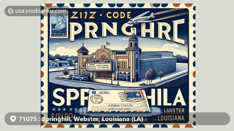 Vintage-style illustration of Springhill, Webster, Louisiana, featuring ZIP code 71075 on an air mail envelope with Louisiana state flag stamp, highlighting Spring Theater and Springhill Civic Center.