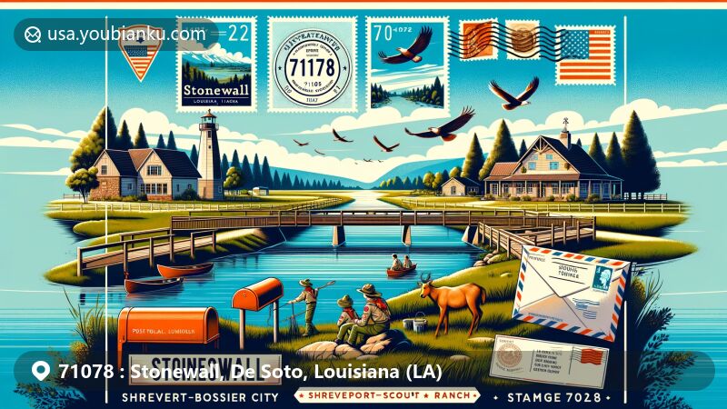 Modern illustration of Stonewall, Louisiana, capturing the essence of the community with ZIP code 71078, featuring Garland Scout Ranch and scenic landscapes.