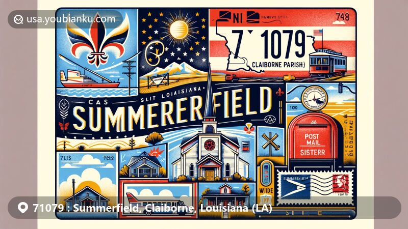 Modern illustration of Summerfield, Claiborne Parish, Louisiana, featuring Louisiana state flag, Claiborne Parish outline, Baptist church, air mail elements, vintage postage stamp with ZIP code 71079, Summerfield postmark, and red postal box.