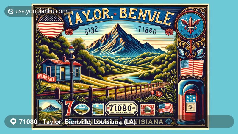 Modern illustration of Bienville Parish, Louisiana, featuring Driskill Mountain and postal theme with ZIP code 71080, vintage postcard layout, stamps, postmark, and Louisiana state flag.