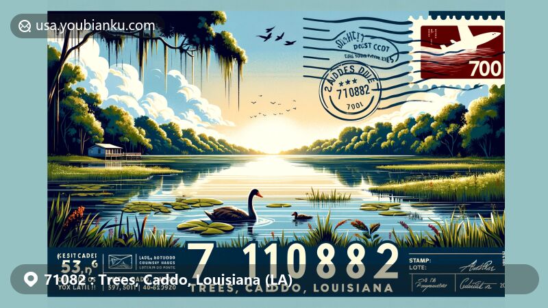 Modern illustration of Caddo Lake, Caddo Parish, Louisiana, featuring serene beauty of the vast lake with lush greenery, reflections of the sky, and local wildlife.
