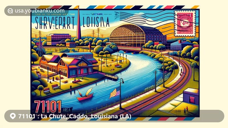 Modern illustration of Shreveport, Caddo Parish, Louisiana, showcasing postal theme with ZIP code 71101, featuring Caddo Common Park and Caddo Lake.
