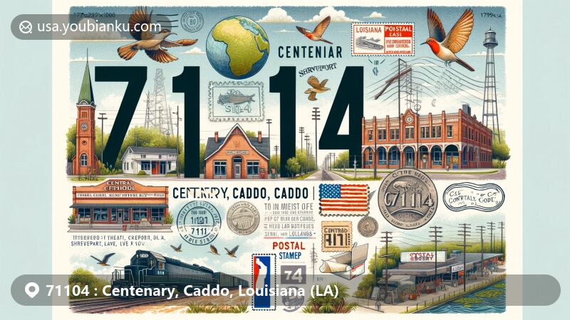 Modern illustration of Centenary, Caddo, Louisiana, highlighting postal theme with ZIP code 71104, featuring Shreveport landmarks: Central High School, Central Railroad Station, Crystal Grocery, inspired by Don Brown's watercolor birds, against backdrop of Louisiana's natural landscapes.