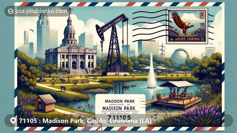 Modern illustration of Madison Park, Caddo Parish, Louisiana, depicting cultural heritage with Shreve Memorial Library, Caddo Indian tribe, and oil industry symbolized by an oil derrick.