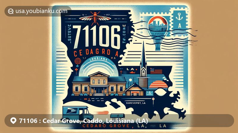Modern illustration of Cedar Grove, Caddo Parish, Louisiana, showcasing postal theme with ZIP code 71106 and incorporating silhouette of Louisiana and prominent Shreveport landmark.