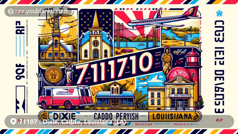 Modern illustration of Dixie, Caddo Parish, Louisiana, featuring postal theme with ZIP code 71107, incorporating Louisiana state flag, Caddo Parish outline, and local landmarks.
