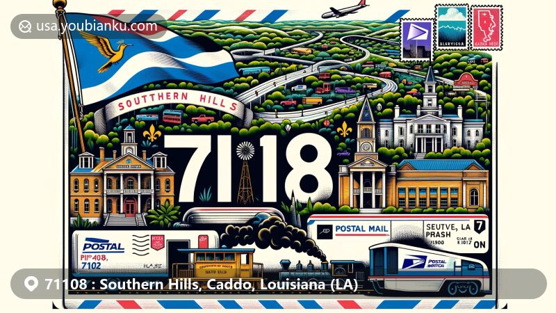 Modern illustration of Southern Hills, Shreveport, Louisiana, showcasing postal theme with ZIP code 71108, featuring Louisiana state flag, Caddo Parish outline, Central High School, Central Railroad Station, and lush green landscape.