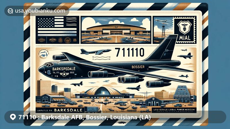 Creative illustration of Barksdale Air Force Base in Bossier, Louisiana, styled as an airmail envelope with ZIP code 71110, featuring military heritage and local landmarks.