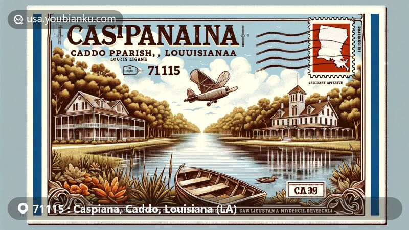 Modern illustration of Caspiana, Caddo Parish, Louisiana, with ZIP code 71115, featuring tranquil Caspiana Lake, lush greenery, and the iconic Caspiana House, blending history and natural beauty.