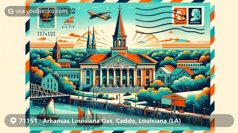 Creative illustration of Shreveport, Louisiana, inspired by ZIP code 71151, featuring Shreve Memorial Library and the Red River, with nods to Caddo Parish's oil industry history and cultural significance in the Ark-La-Tex region.