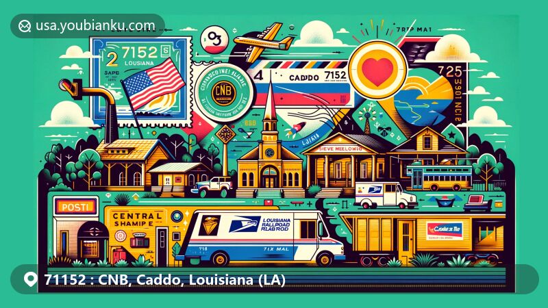 Modern illustration of CNB, Caddo, Louisiana, showcasing postal theme with ZIP code 71152, featuring Central Railroad Station, Central High School, Shreve Memorial Library, and Caddo Lake.
