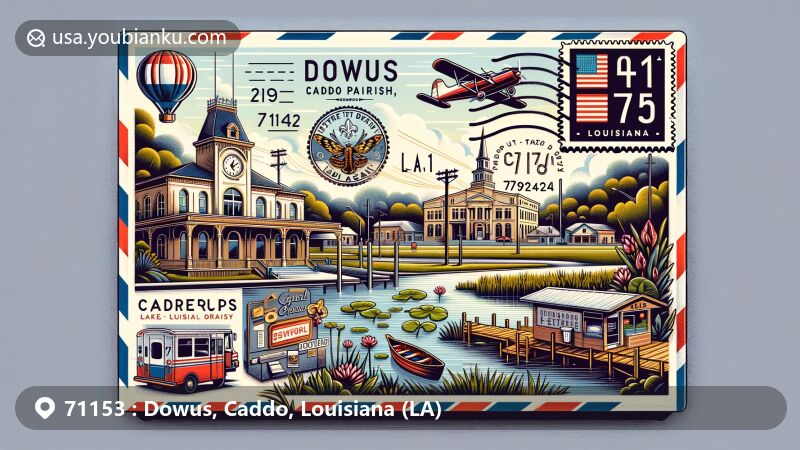 Modern illustration of ZIP Code 71153 in Dowus, Caddo Parish, Louisiana, with vintage air mail envelope showcasing local landmarks like Central High School, Central Railroad Station, and Crystal Grocery, alongside Caddo Lake's cypress trees.