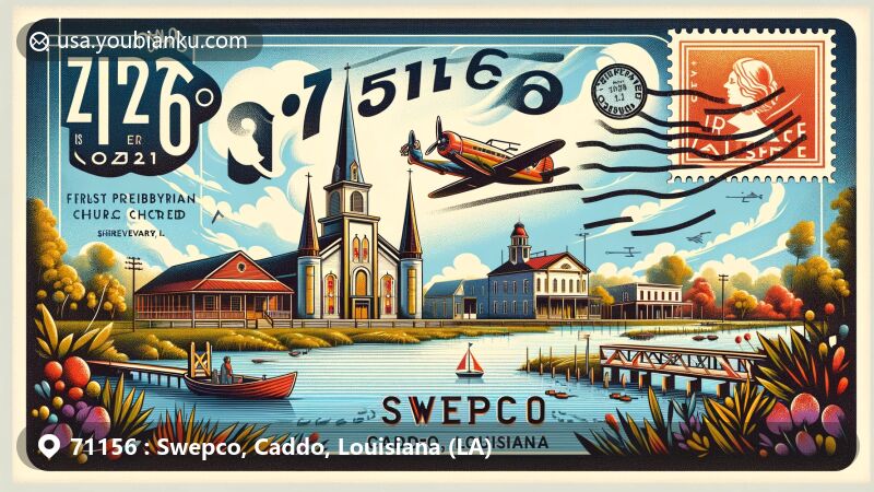 Modern illustration of Swepco, Caddo, Louisiana, showcasing postal theme with ZIP code 71156, featuring First Presbyterian Church, Dodd College President's Home, and Fairfield Historic District, along with scenic Caddo Lake.