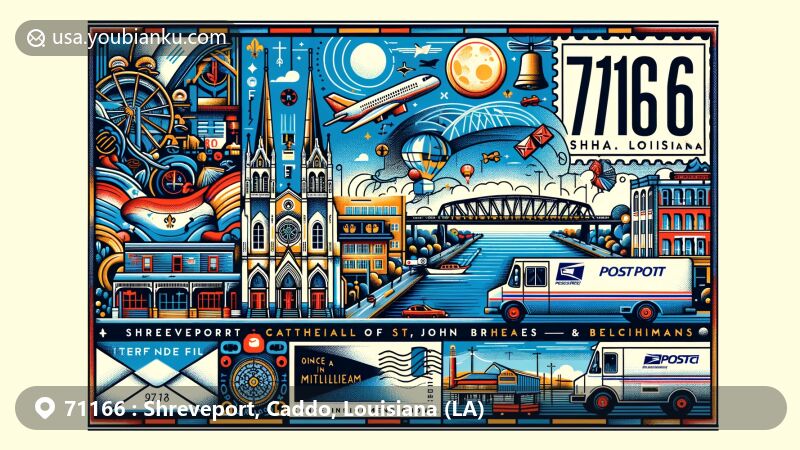 Modern illustration of Shreveport, Louisiana, with postal code 71166, featuring Texas Street Bridge, Cathedral of St. John Berchmans, and Once in a Millinneium Moon Mural, showcasing cultural and architectural heritage.