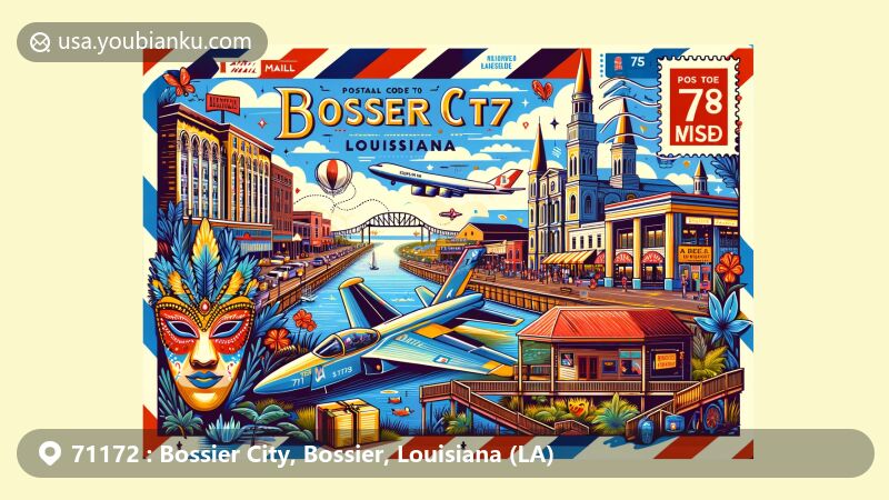 Modern illustration of Bossier City, Louisiana, featuring Barksdale Air Force Base, Louisiana Boardwalk, Mardi Gras mask, Red River National Wildlife Refuge, and postal symbols, highlighting the city's military, entertainment, cultural, and natural aspects.