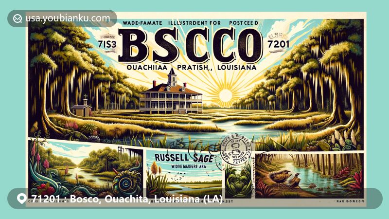 Modern illustration of Bosco, Ouachita Parish, Louisiana, depicting vintage postcard design with Boscobel Plantation House, Russell Sage Wildlife Management Area, and 71201 ZIP code elements.