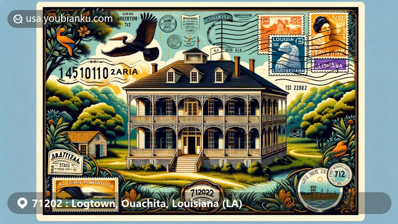 Modern illustration of Logtown Plantation, Ouachita Parish, Louisiana, highlighting historic mansion built in 1840 in Federal style by Jean Baptiste Filhiol, key landmark for 71202 ZIP code, featuring vibrant colors, Louisiana culture, and postal themes.